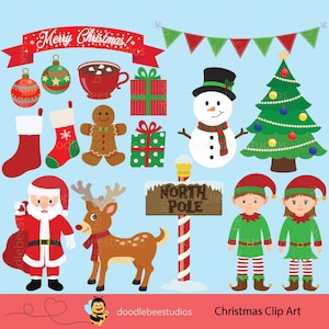 Christmas Clipart, Christmas Clip Art, Santa Clipart, Christmas Digital Download, Snowman Clipart, Elves Clipart, Christmas Tree Clipart
