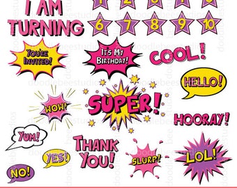 Pink Superhero Text Clipart, Birthday Clip Art, Digital Words,Digital Comic Text, Girl Superhero Clip Art,Comic Book Clip Art, Comic Clipart