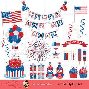 May include: A collection of patriotic 4th of July clip art elements in red, white, and blue. Includes American flags, banners with "Happy 4th of July", fireworks, balloons, cupcakes, owls, and a cake. The image is labeled "4th of July Clip Art".
