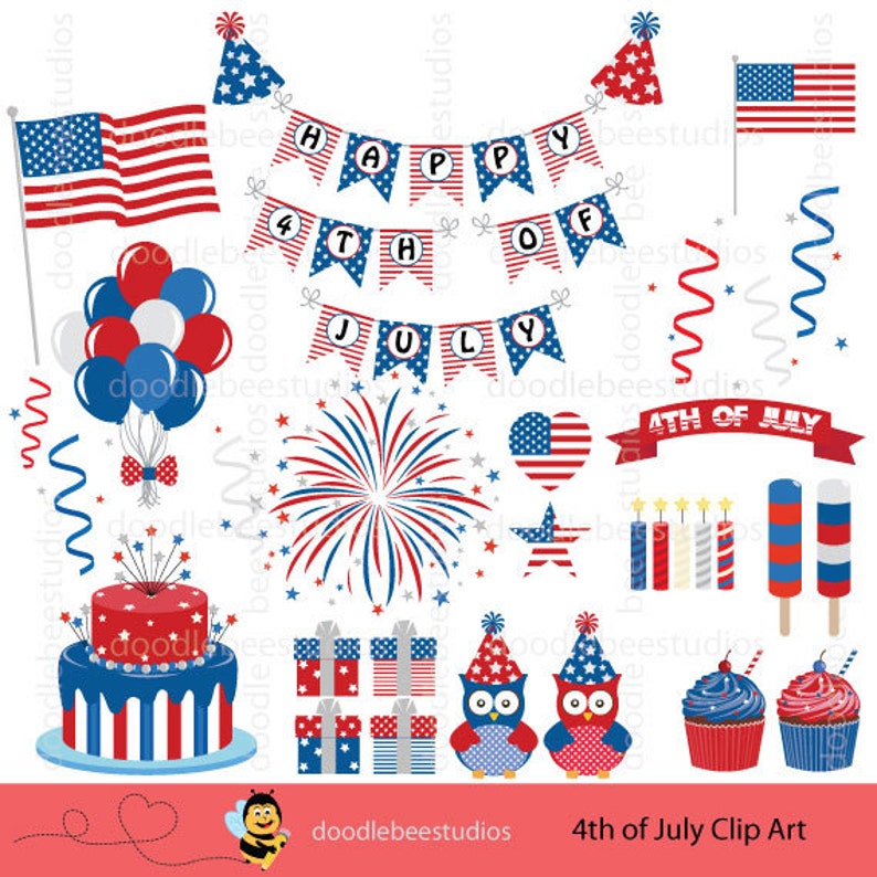 May include: A collection of patriotic 4th of July clip art elements in red, white, and blue. Includes American flags, banners with "Happy 4th of July", fireworks, balloons, cupcakes, owls, and a cake. The image is labeled "4th of July Clip Art".