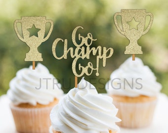 Go Champ Go! Champion Cupcake Toppers, Trophy, Number 1, Boxing Champion, Football, Medal, Cycling, Champion Cake Topper - PACK OF 12