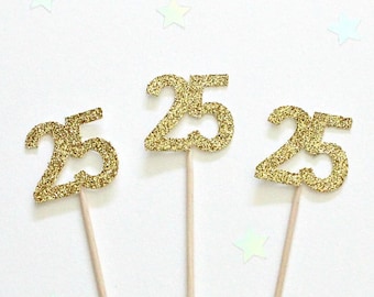 12 Gold Glitter 25th Birthday Cupcake Toppers Birthday Cake Topper 16th 18th 21st 30th 40th 50th 60th 70th 80th 90th 100th Birthday Toppers