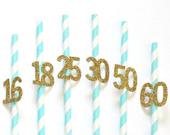 Pakket van 10 blauwe glitter partij papieren rietjes verjaardag feest viering rietjes partij decor aangepaste gepersonaliseerde verjaardag rietjes