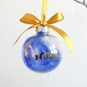 Gold Blue Feather Personalised Family Bauble, Christmas Bauble, Personalised Christmas Bauble Family Feather Bauble Personalised Decoration