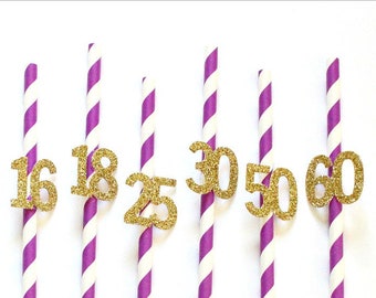Set van 10 paarse glitter party papieren rietjes verjaardagsfeestjes feestrietjes feestdecor aangepaste gepersonaliseerde verjaardag rietjes