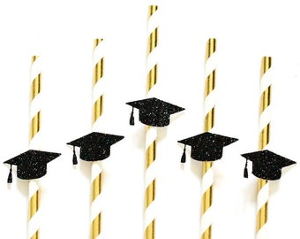 10 Glitter Graduation Straws Graduation Gift For Him Graduation Gift For Her Gold Black Cap Class Of 2026 Party Straws High School Decor