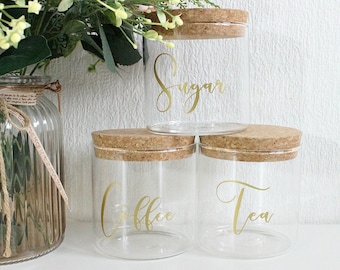 Tea Coffee Sugar Jars Kitchen Set Gold Kitchen Storage Jars Tea Pot Gift Set Jars & Containers Kitchen Canister Set Glass Housewarming Gift