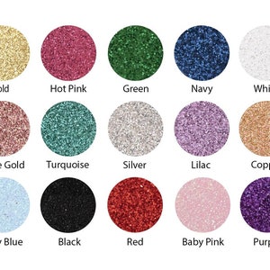 May include: A collection of 15 glitter colors in small round samples. The colors include gold, hot pink, green, navy, white, rose gold, turquoise, silver, lilac, copper, baby blue, black, red, baby pink, and purple.