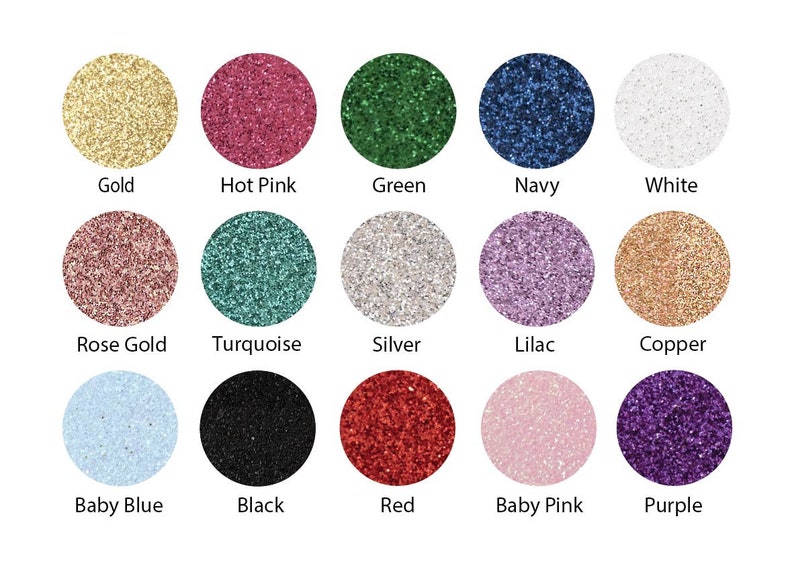 May include: A collection of 15 glitter colors in small round samples. The colors include gold, hot pink, green, navy, white, rose gold, turquoise, silver, lilac, copper, baby blue, black, red, baby pink, and purple.