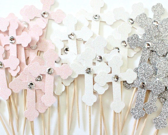 12 Cross Cupcake Toppers Baptism Decorations Christening Cross Etsy