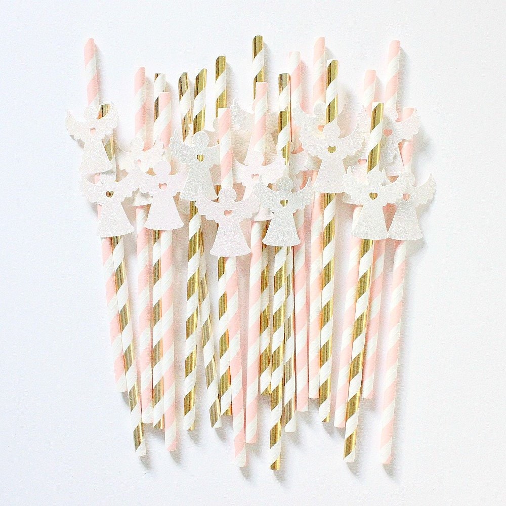 Pack of 10 Angel Wings Party Straws Birthday Party Celebration Straws Party Decor Customised Christening Decorations Girl Boy Gold Silver