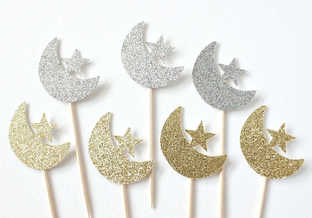 Rsstarxi 30-Pack Eid Mubarak Cupcake Toppers - Gold Glitter Moon & Star, For Ramadan & Eid Parties