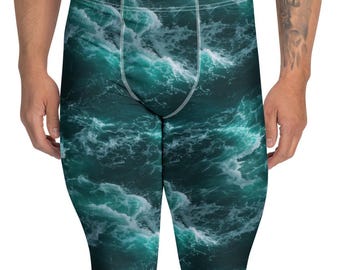 Men's Leggings, Ocean Waves Leggings, Gym Workout Pants - Burning Man Costume Leggings for Men, Coastal Pants, Festival Clothing