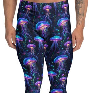 May include: Black leggings with a vibrant pattern of glowing jellyfish in shades of blue, purple, and green. The leggings feature a high-waisted design and a comfortable fit, perfect for workouts or casual wear.