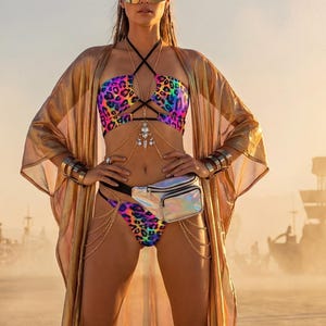 Rainbow Leopard Print Bikini: Halter Cheeky Swimsuit