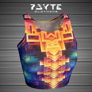 May include: A vibrant crop top with a geometric pattern in orange, yellow, blue, and purple hues. The top displays the text "PSYTE CLOTHING" in white. The design is symmetrical and abstract, with a modern aesthetic.