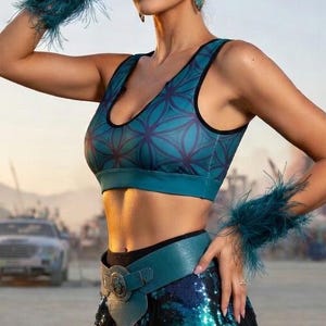 Teal Flower of Life Padded Yoga Crop Top: Polyester Spandex Activewear
