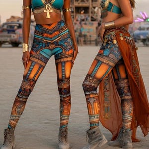 May include: Three women wearing matching teal and gold crop tops, leggings with an orange and blue pattern, and accessories. The leggings have a detailed design. The image has the text "7BYTE CLOTHING" at the top.