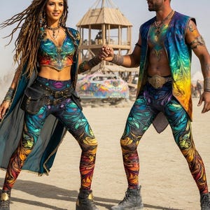 May include: Two people wearing matching colorful outfits with a rainbow design. The outfits include leggings, crop tops, and vests. The image has the text "7BYTE CLOTHING" at the top. The background is a desert scene.