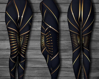 Navy blue and gold Leggings,Geometric leggings,Burning Man leggings,Steampunk,Futuristic,Cyberpunk,Festival Clothing,Yoga pants,Gym Leggings