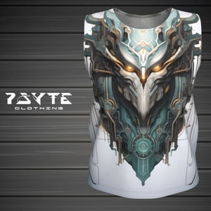 May include: White tank top featuring a detailed, symmetrical design in teal, gold, and gray, resembling a mechanical bird or futuristic armor. The text "7BYTE CLOTHING" is printed on the left side. The design is intricate and eye-catching.