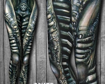 Leggings stile H.R. Giger, leggings biomeccanici, leggings alieni futuristici, leggings horror fantascientifici, Burning Man, pantaloni da yoga, leggings da palestra