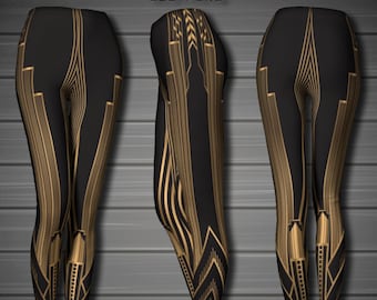Leggings Art Déco, leggings neri e dorati, pantaloni da yoga, abbigliamento da palestra, leggings unici, streetwear alternativo, costumi da spettacolo