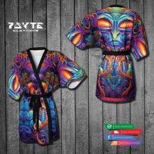 Kimono Robe, Bath Robe, Psychedelic Kimono, Rave outfit, Festival Kimono, Visionary Art Kimono, Kimono Jacket, Chiffon Robe,Silky Knit
