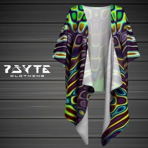 May include: A colorful abstract print kimono with a green, purple, and yellow color scheme. The kimono is made of a lightweight fabric and has a flowing silhouette.
