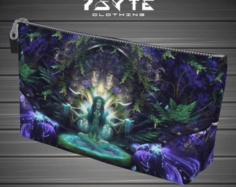May include: A rectangular zippered pouch featuring a vibrant, detailed print of a figure meditating in a lush, dark forest setting with glowing blue and purple foliage. The top of the pouch displays the white text PSYTE CLOTHING.