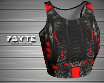 May include: Black crop top with a futuristic design and red accents. The top features a racerback style and a repeating pattern. The text "7BYTE CLOTHING" is visible on the left side of the image.