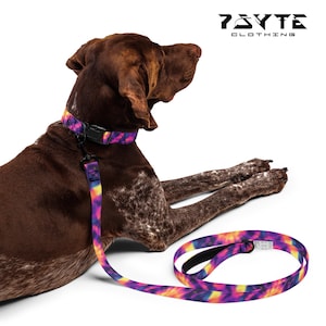 May include: A brown dog wearing a tie-dye collar and leash set. The collar has a black buckle, and the leash is connected to the collar. The leash and collar feature a vibrant pattern of purple, yellow, and orange.