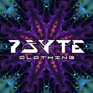 May include: Psyte Clothing logo with a purple and blue fractal background. The logo is white and features the word "Psyte" in a bold, stylized font. The word "Clothing" is written below the word "Psyte" in a smaller, more standard font.