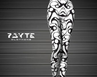 May include: Black and white leggings with an abstract pattern. The leggings feature a repeating design of organic shapes and curves. The brand name "7BYTE CLOTHING" is printed in white on the left side of the image.