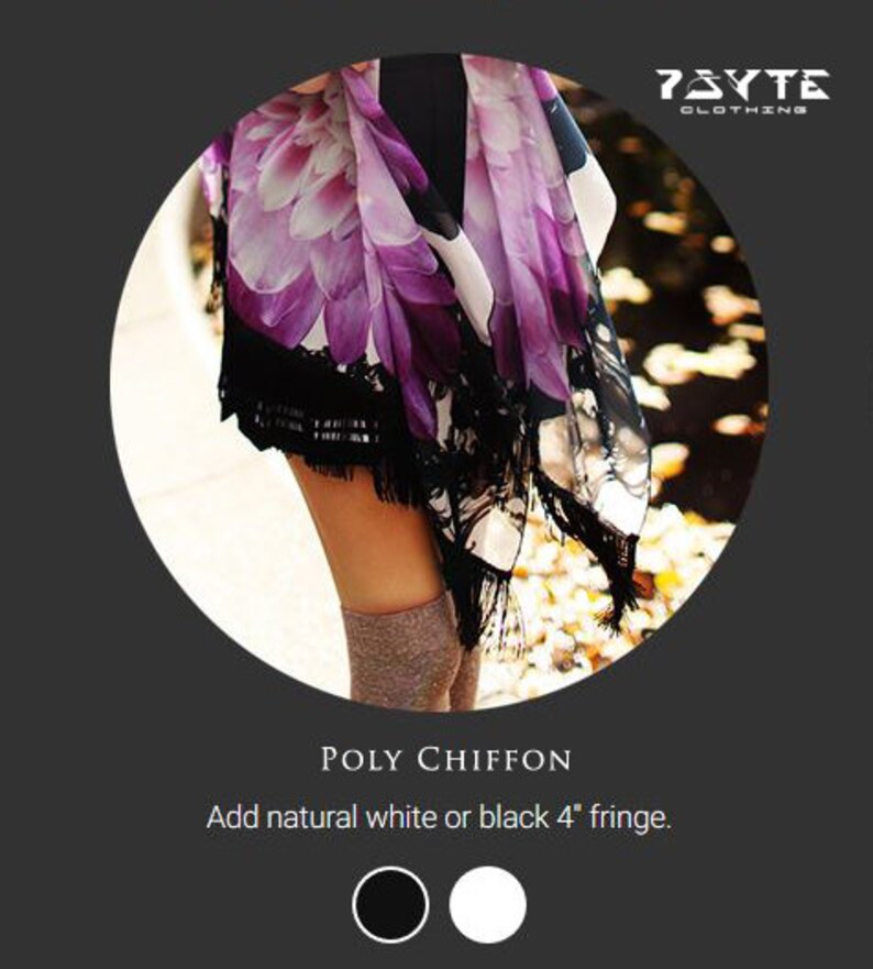 May include: A purple and black floral chiffon scarf with a black lace trim and fringe. The scarf is draped over a person's shoulders and is being worn as a shawl. The text "POLY CHIFFON" and "Add natural white or black 4" fringe." is visible below the image.