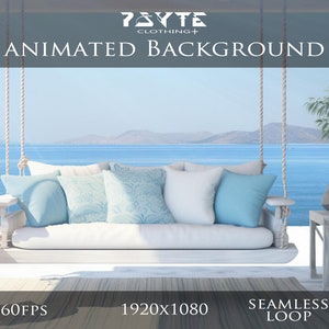 Puede incluir: Un sofá-columpio blanco con cojines azules en un patio con vistas a un mar azul con montañas en la distancia. El texto "PSYTE CLOTHING+ ANIMATED BACKGROUND 60FPS 1920x1080 SEAMLESS LOOP" está en la parte inferior de la imagen.