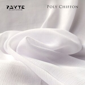 May include: White poly chiffon fabric, a lightweight and sheer material, with a textured surface. The fabric is folded and draped, showcasing its soft and flowing nature.