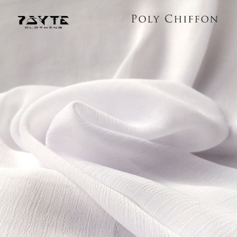 May include: White poly chiffon fabric, a lightweight and sheer material, with a textured surface. The fabric is folded and draped, showcasing its soft and flowing nature.