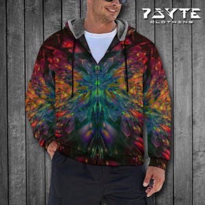 Felpa con cappuccio psichedelica frattale, felpa con cappuccio da festival, pile a doppio strato, felpa con cappuccio rave, felpa con cappuccio arcobaleno, abbigliamento doof, giacca EDM, abbigliamento psichedelico