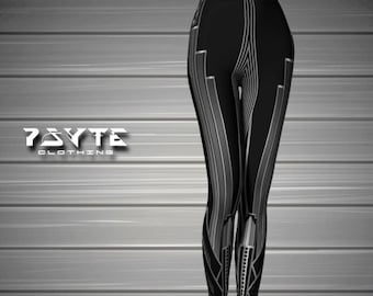 May include: Black leggings with a geometric design in shades of gray and silver. The leggings feature vertical and angled lines, with the brand name "7SYTE CLOTHING" in white text on the left side.