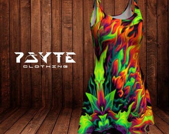 UV Reactive Psychedelic Flared Dress, Rave Dress, Festival Clothing, Burning Man Outfit, Doof Costume, Performance Wear