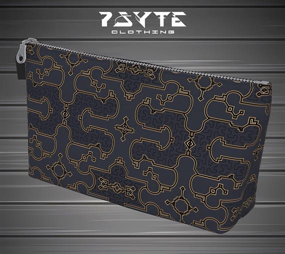 Shipibo Denim Lined Makeup Bag with Zipper | Printed Canvas Cosmetic Pouch | Travel Toiletry Bag | Inner Pocket & Vegan Leather Pull