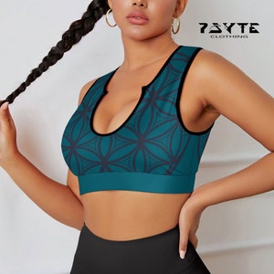 Teal Flower of life Yoga Top, Padded Yoga Top, Festival Crop, Polyester Spandex Yoga Top,Yoga Crop Top,Athletic Top, Workout top,Activewear