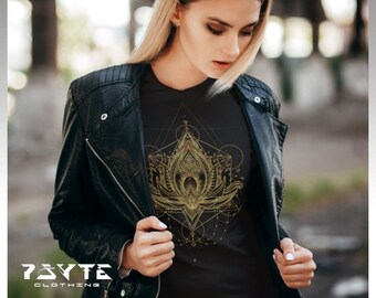 May include: A black t-shirt featuring a gold-colored, intricate lotus flower graphic with geometric lines and circular patterns. The shirt is worn under a black leather jacket with silver-tone metal snaps and a zipper. The logo PSYTE CLOTHING is visible.