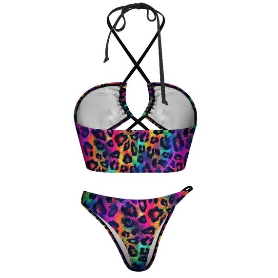 Rainbow Leopard Print Bikini Swimsuit, Trippy Bikini