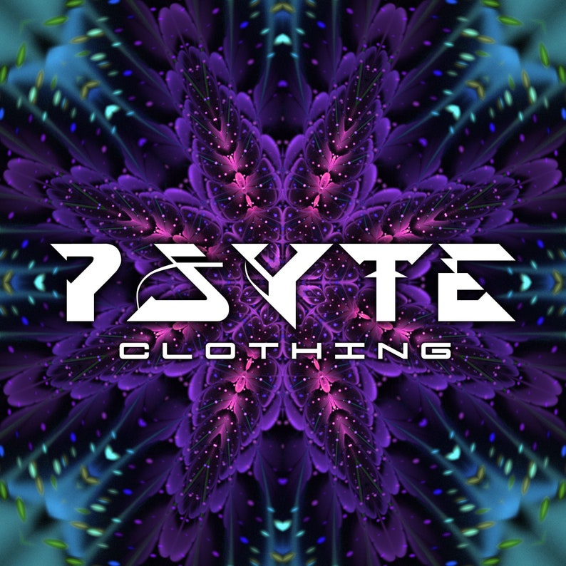 May include: Psyte Clothing logo with a white font on a purple and blue background with a fractal design.