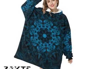 Blue Fractal Mandala Fleece Hoodie Blanket - Oversized Wearable Blanket