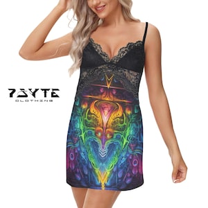 May include: A black lace slip dress with a colorful psychedelic print. The print features a rainbow of colors, including red, orange, yellow, green, blue, indigo, and violet. The dress has a V-neckline and thin straps.