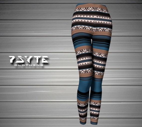 Alternative Winter, Black and Teal Pattern Leggings, Aztec Leggings,  Christmas Leggings, Gym Leggings, Workout Leggings, Festive Leggings 