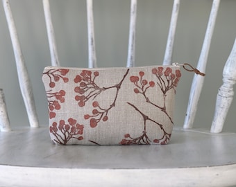 Linen pouch with handprinted Rowan pattern. Linen pencils case. Linen beauty pouch. Block-printing. Lino-prin.